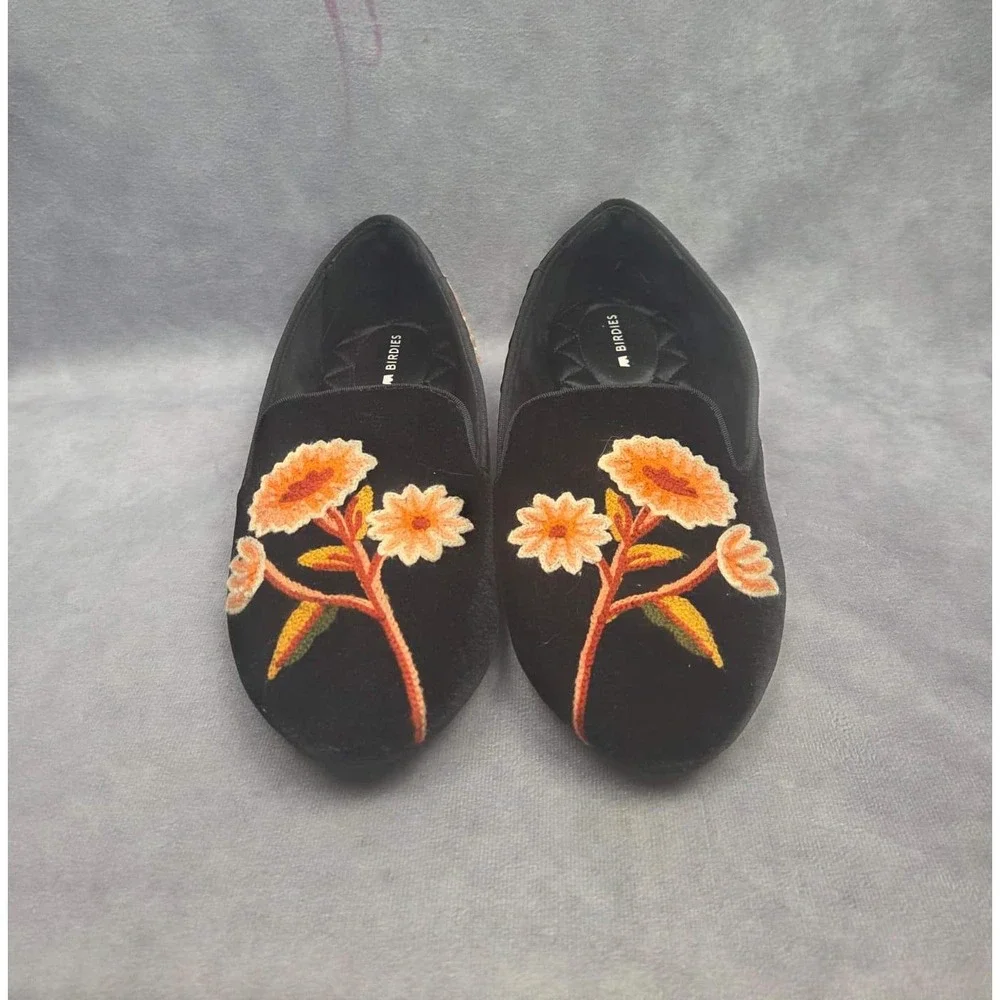 Birdies‎ Starling Black Velvet Floral Embroidered Loafers Shoes Womens 6 Donqun